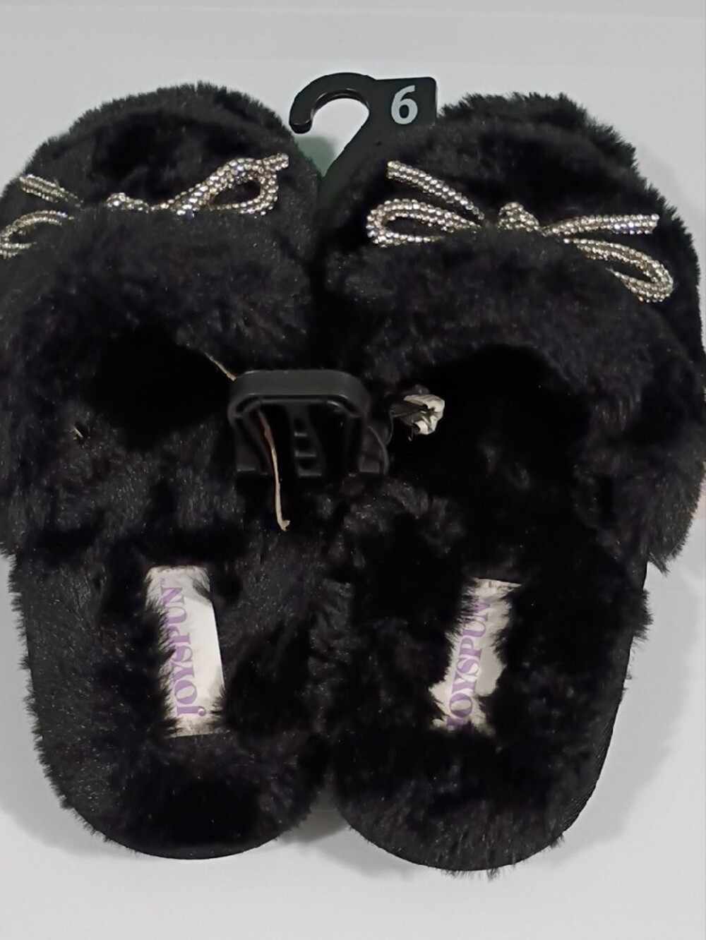 JOYSPUN Black Faux Fur Slide Slippers with Rhinestone Bow Accent - SIZE 6 NWT - Picture 2 of 4